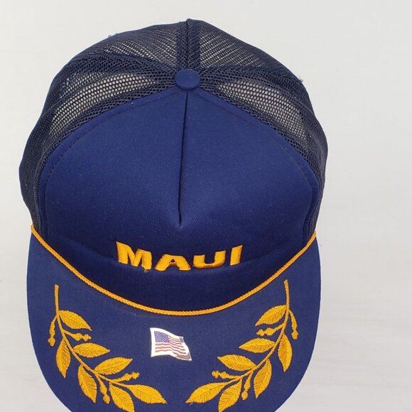 Vintage 80s 90s MAUI Trucker Mesh Hat Cap Rope Snapback  Scrambled Hawaiian Blue - Picture 4 of 8